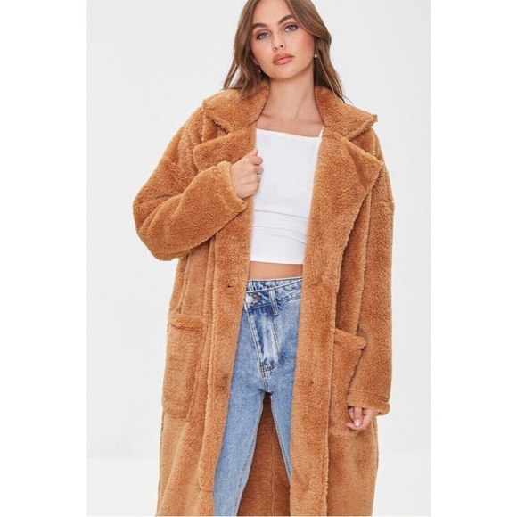 Forever 21 Faux Fur Button Front Teddy Long Coat Oversized Small - Picture 2 of 2